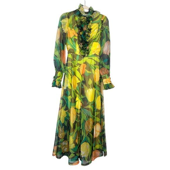Bill Tice For Royal Maxi Dress 70s Vintage Green Yellow Floral Ruffle Gown Retro - Picture 1 of 16